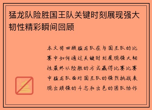 猛龙队险胜国王队关键时刻展现强大韧性精彩瞬间回顾